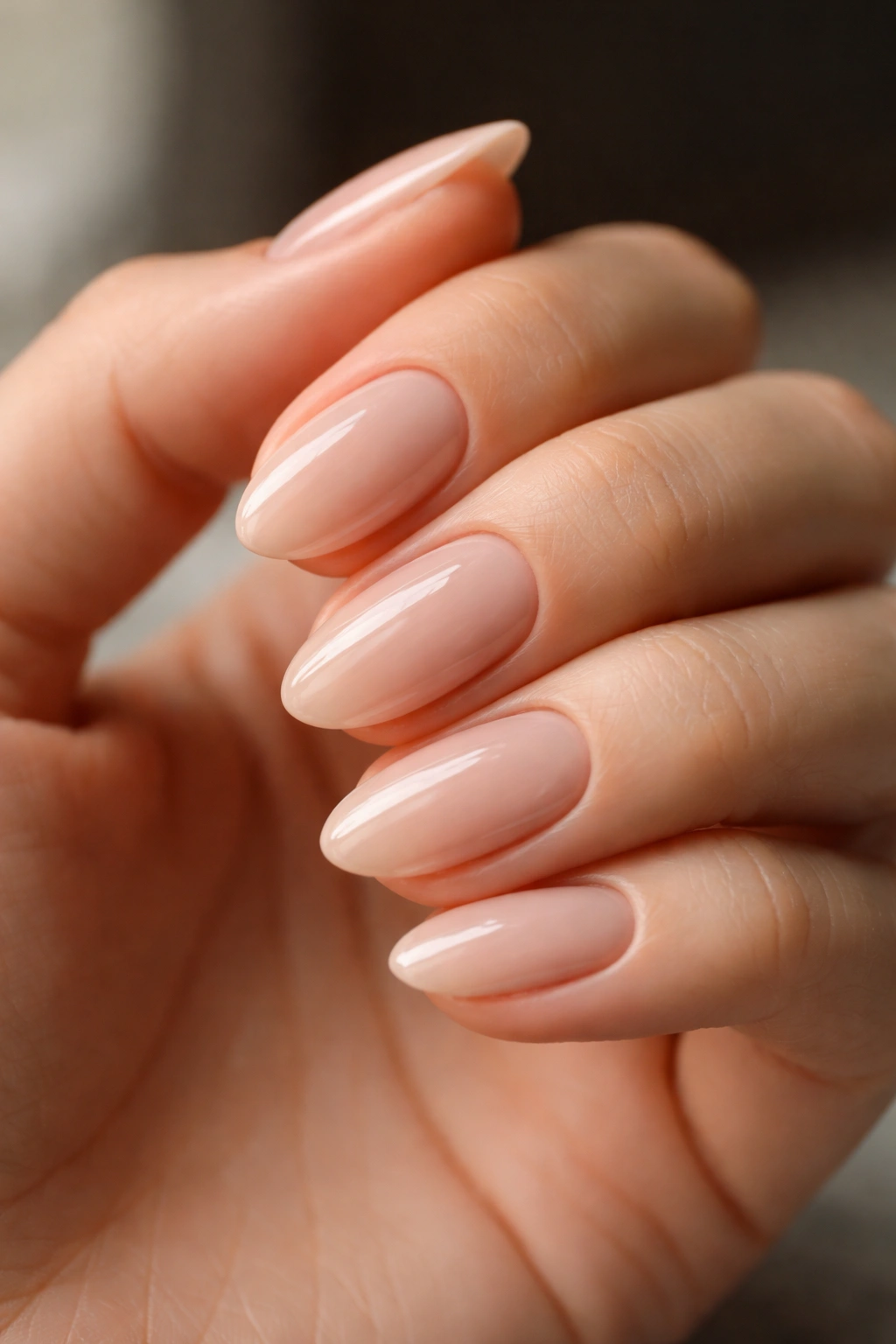 Close-up of neatly shaped short almond nails with clean cuticles