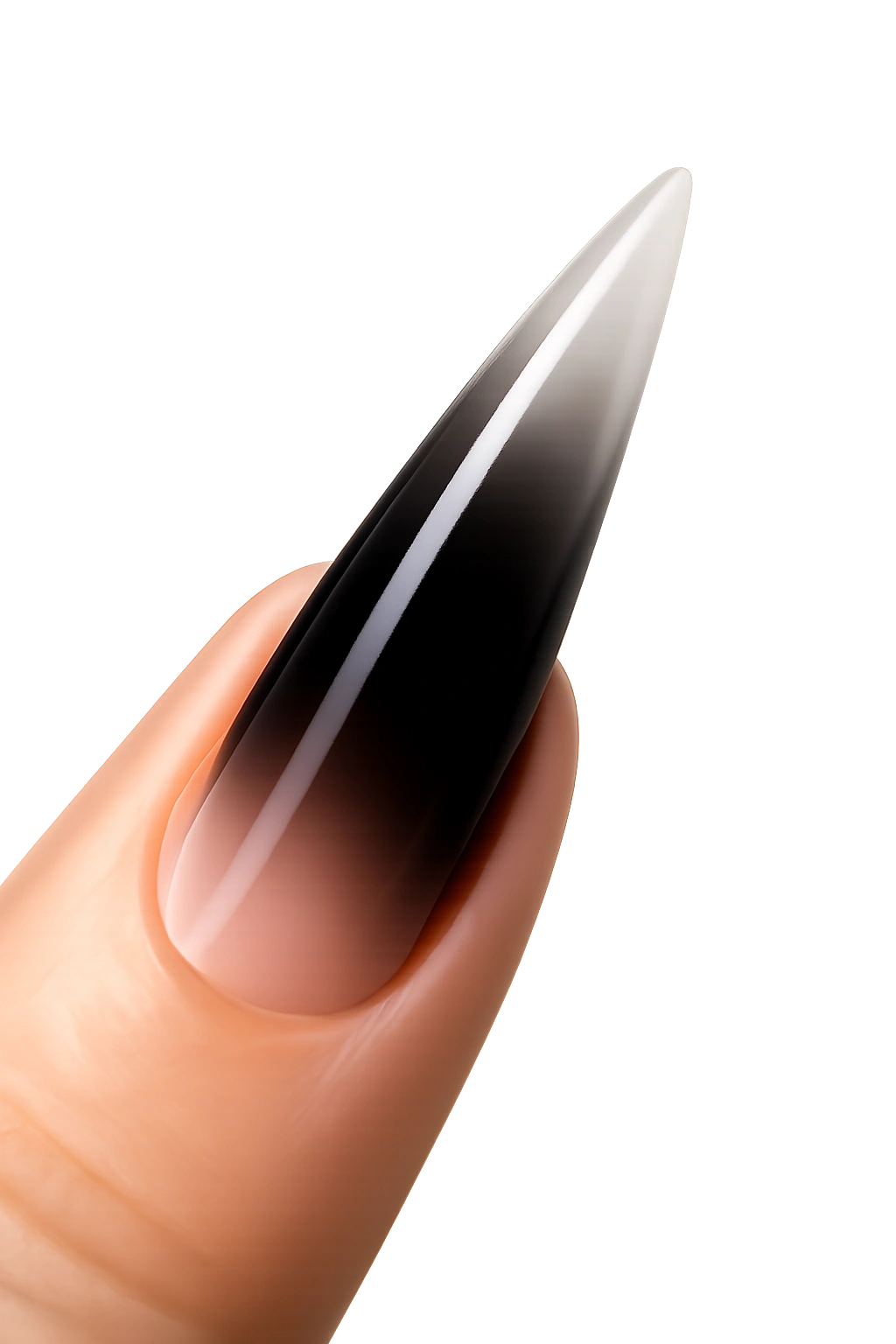 Stiletto nail with dark base gradient toward transparent tip