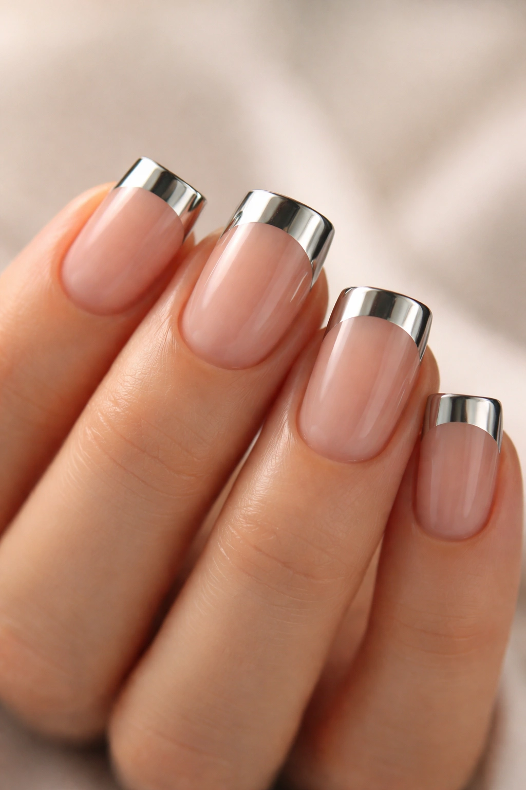 Close-up of short nails with chrome applied as a tip strip leaving negative space