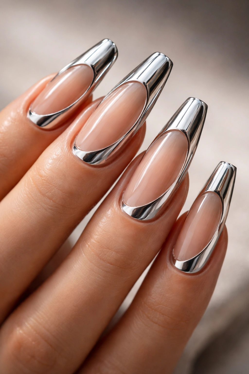 Reverse duck nails with negative space and chrome accents