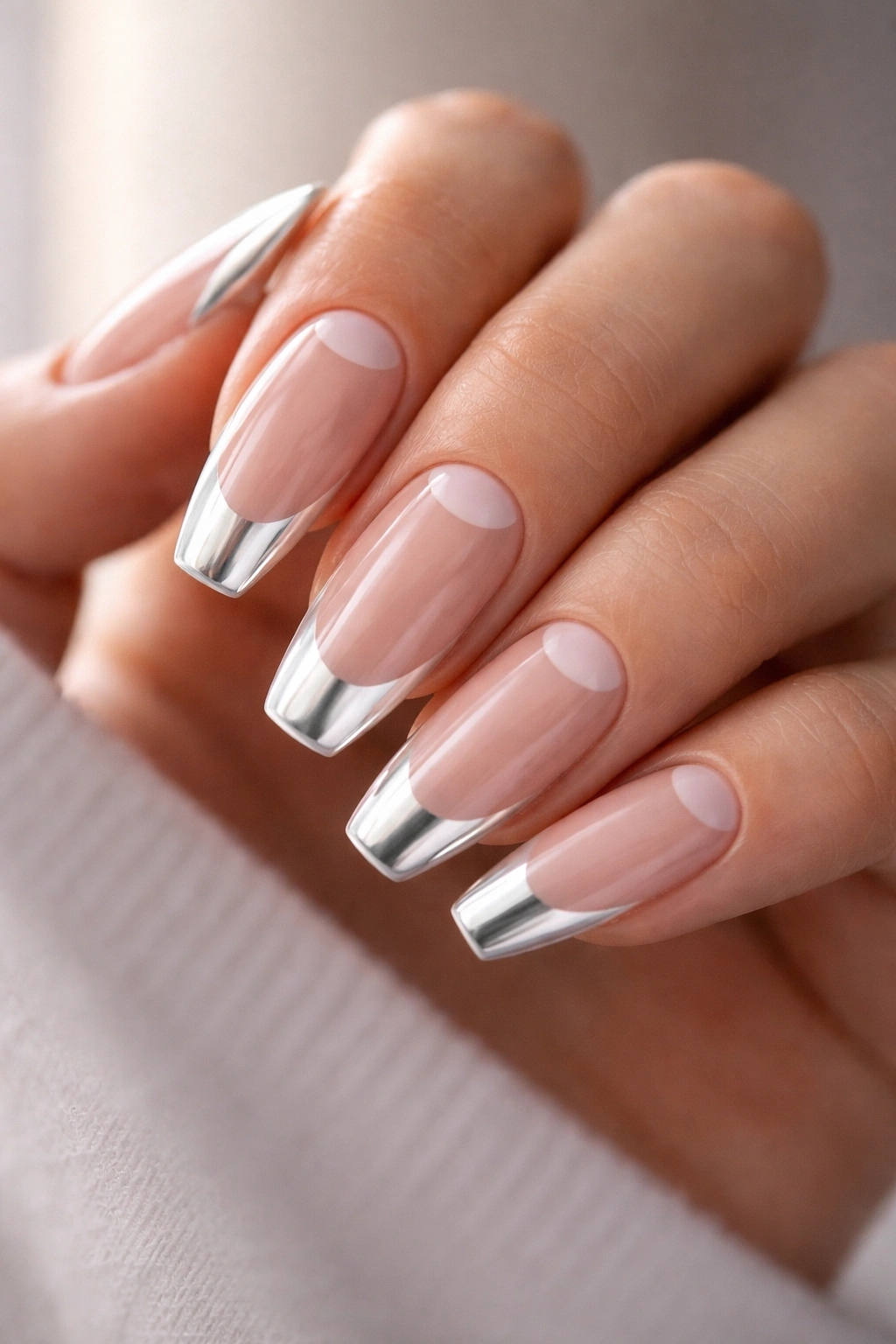 Nude nails with negative-space half moons and white chrome tips