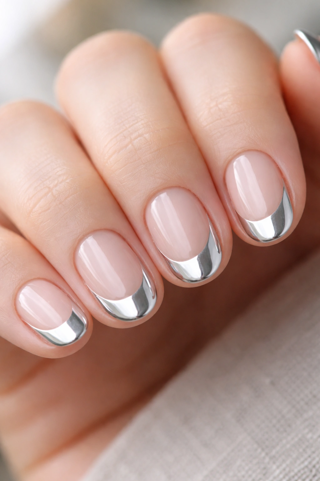 Short oval nails with negative space chrome tips