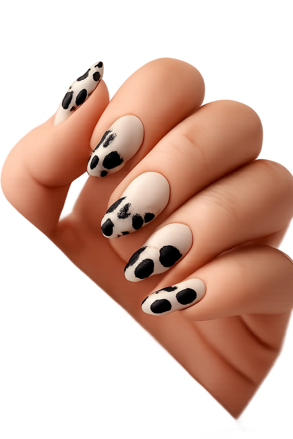 Short almond nails with black cow spots and negative space