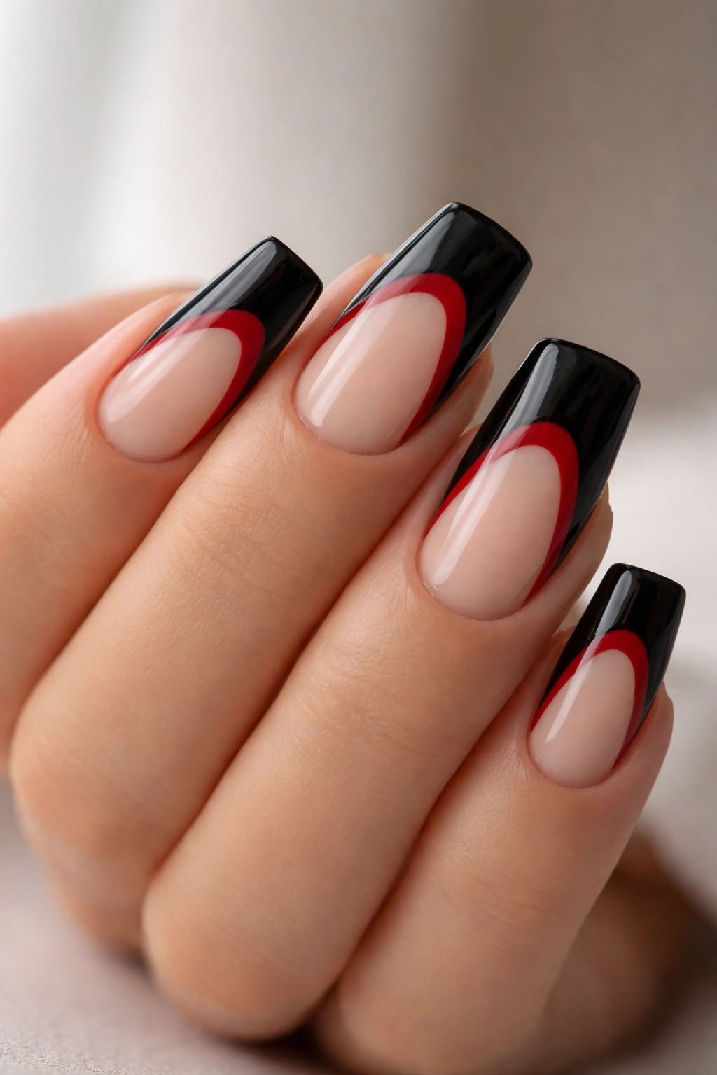 Negative space black and red duck nail design with bare nail areas