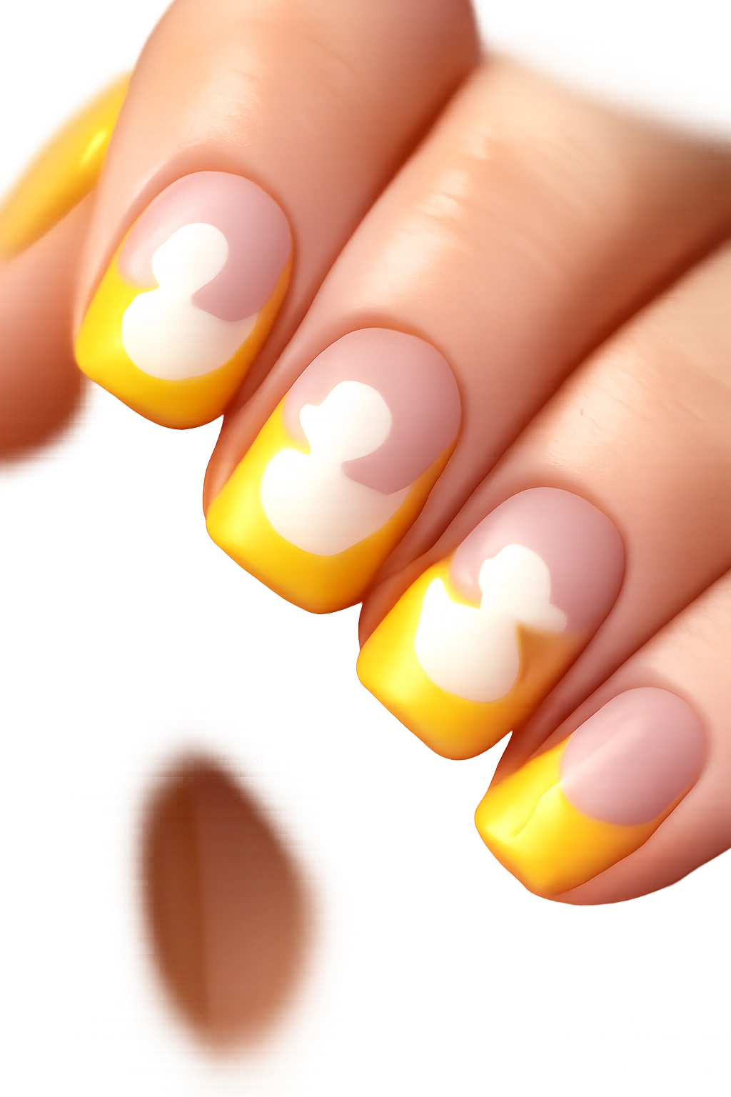 Nail art showing a duck silhouette created by negative space on a yellow nail
