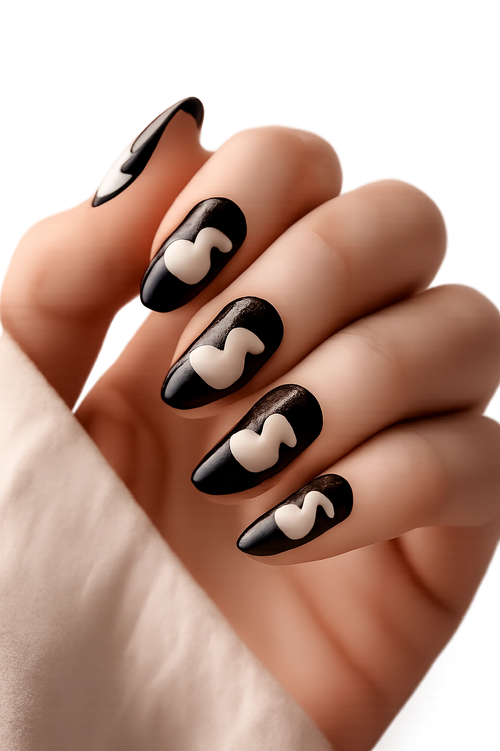 Negative space duck cutouts on black nails with nude nail showing through