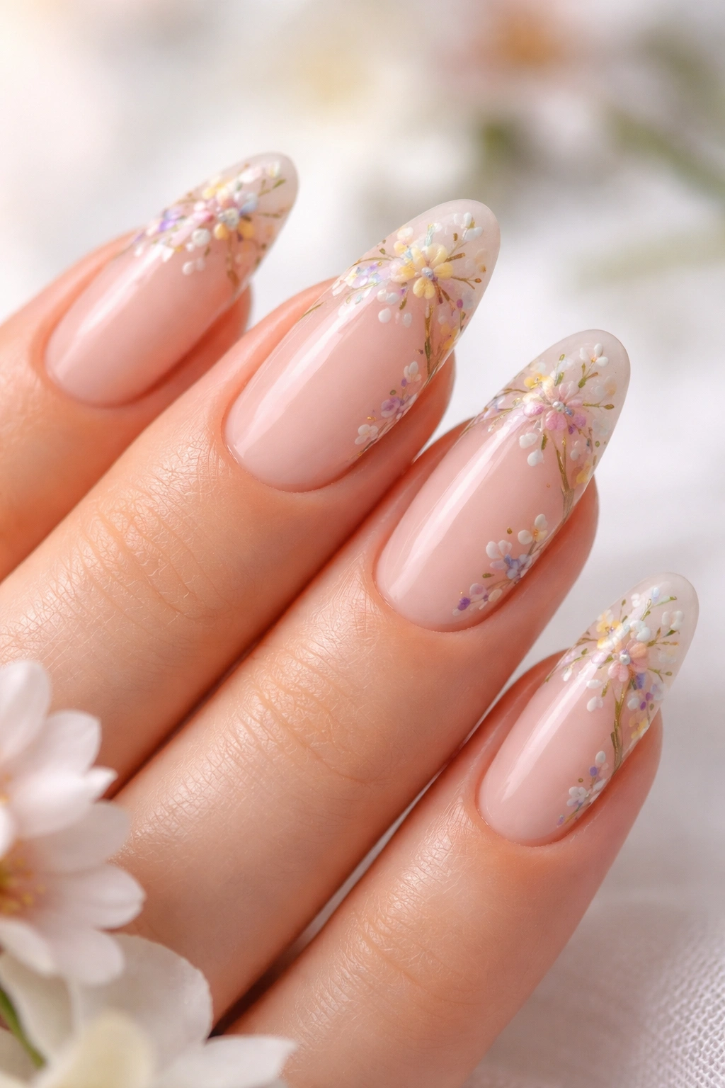 Nails showing negative space floral design on natural nail with bare areas
