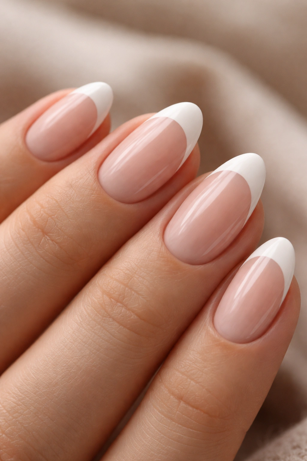 Short almond nails with negative space tip leaving bare nail at base