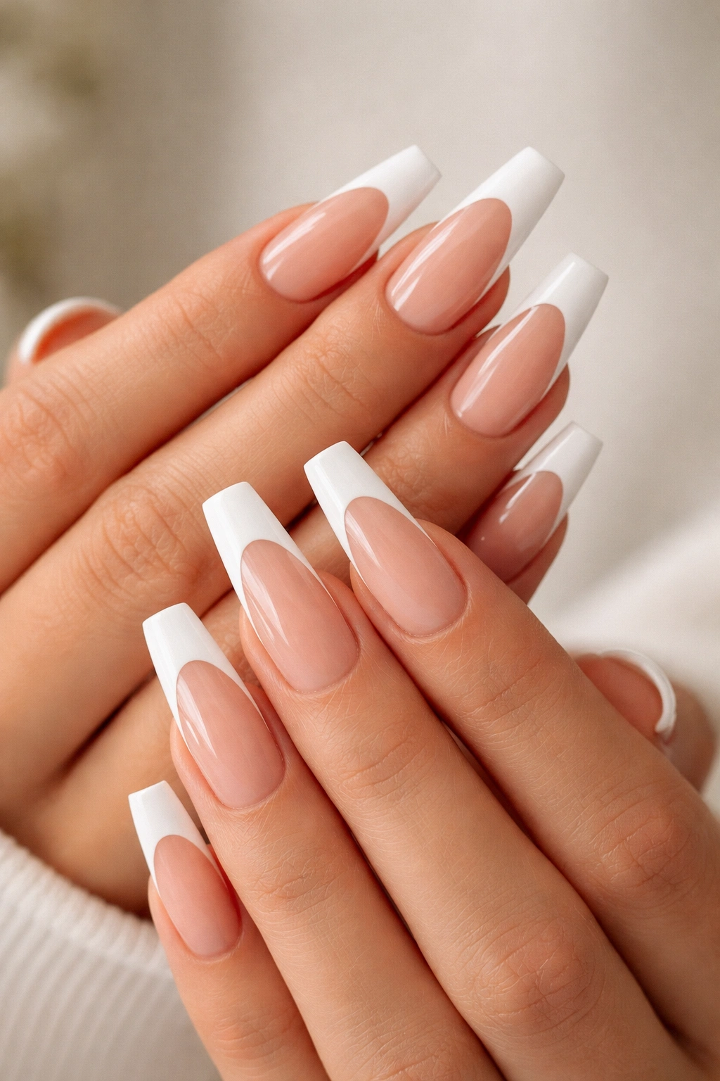 Negative space French tips with nude gaps on long coffin nails