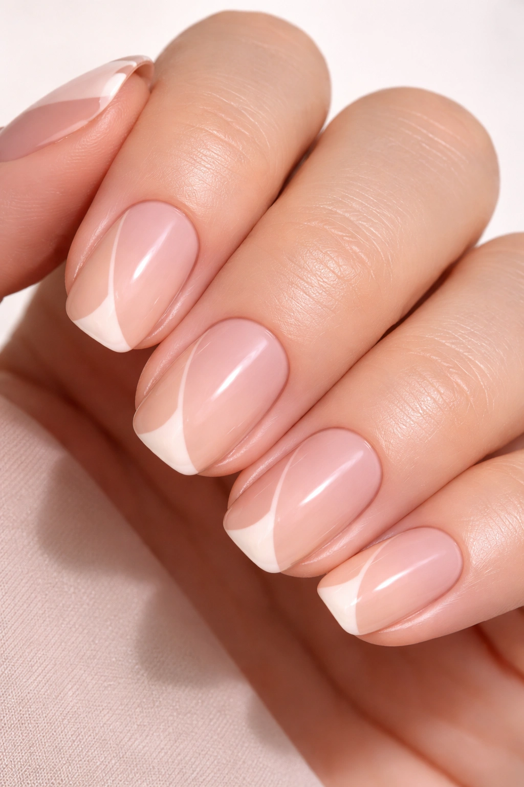 Short squoval nails with negative-space almond-tipped French design.