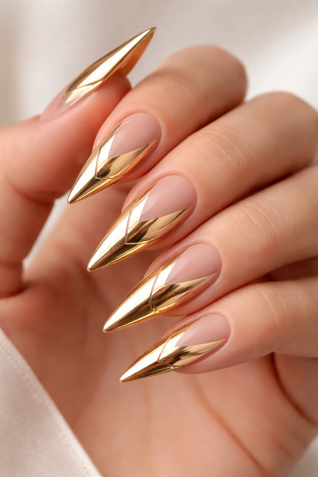 Close-up of stiletto nails with gold design and negative space.