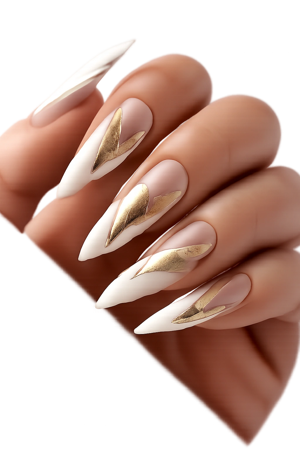 White stiletto nails with negative space and gold accents