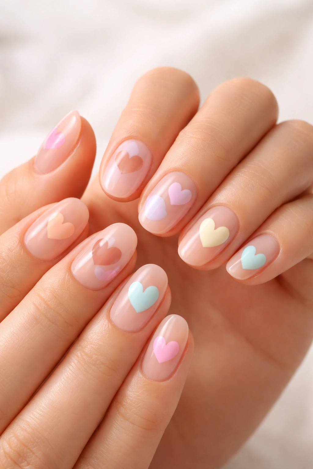 Nails showing negative-space heart designs in matching colors