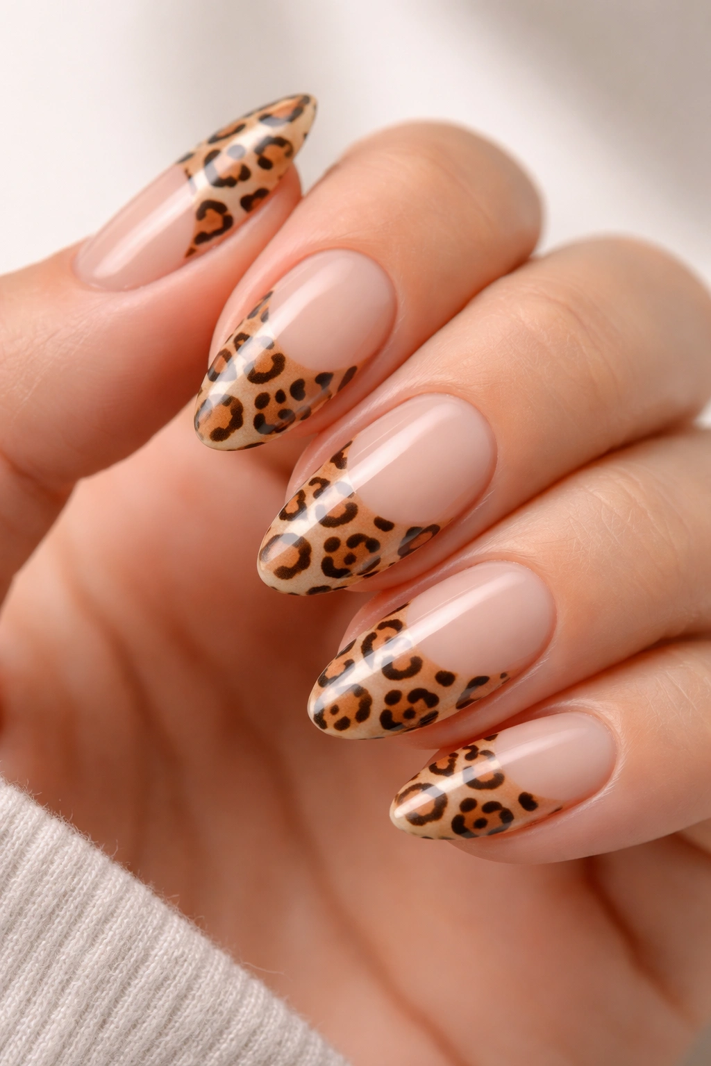 Short almond nails with leopard print and negative space near the cuticle