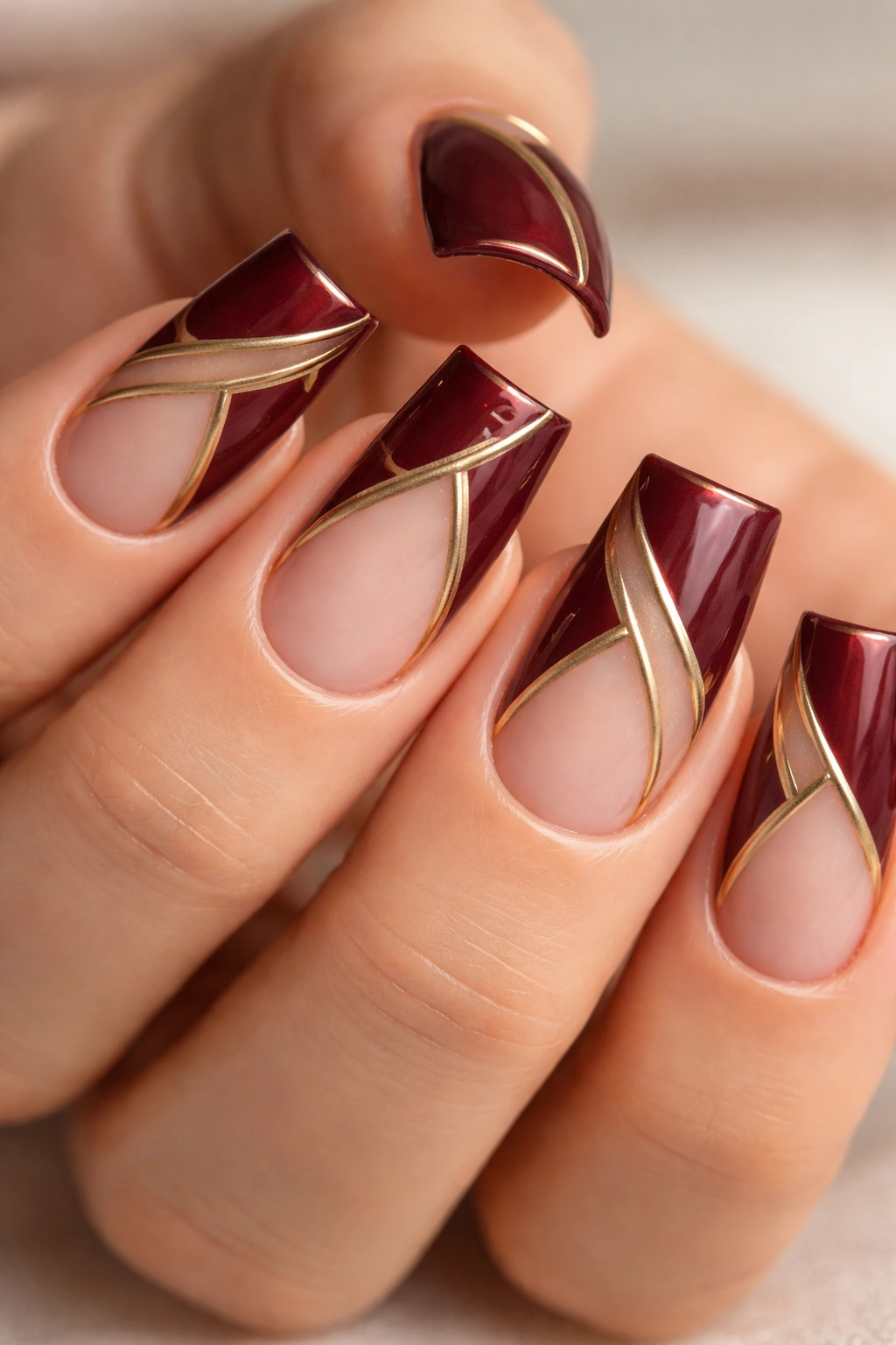 Wide duck nails with negative space shapes and metallic details