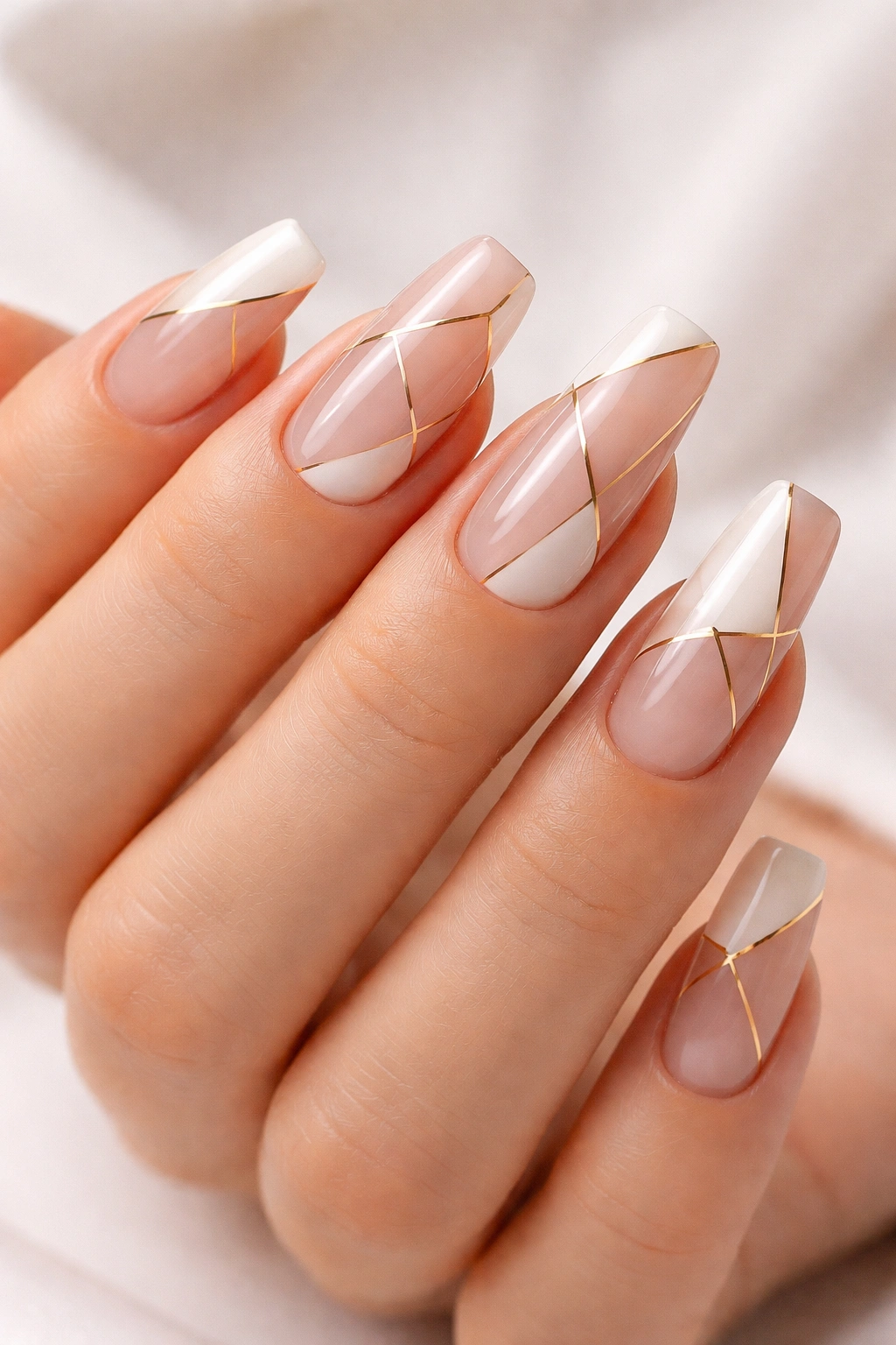 Close-up of medium-length acrylic nails with negative-space geometric patterns