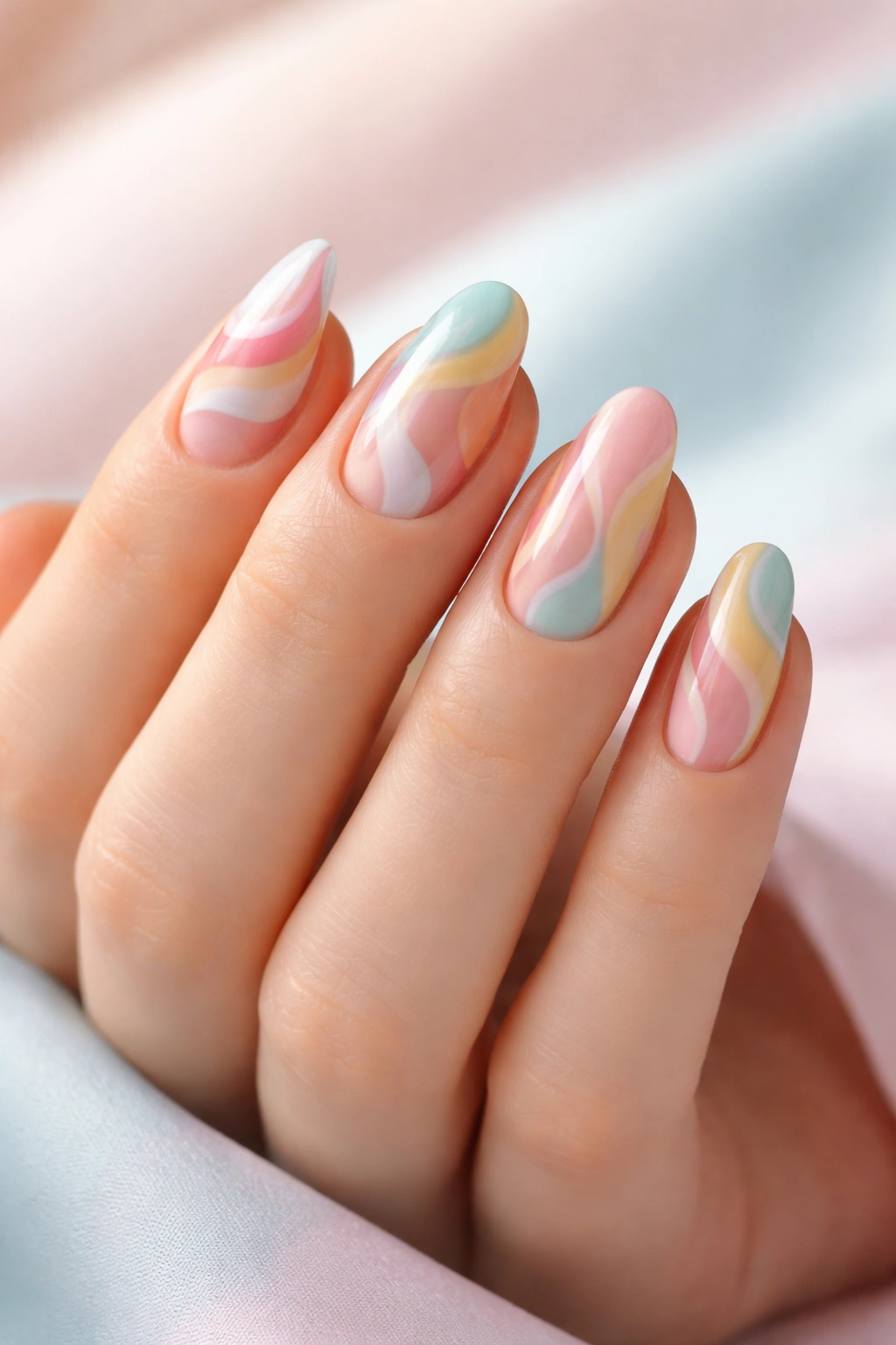 Nails with negative-space pastel swirl designs on clear base