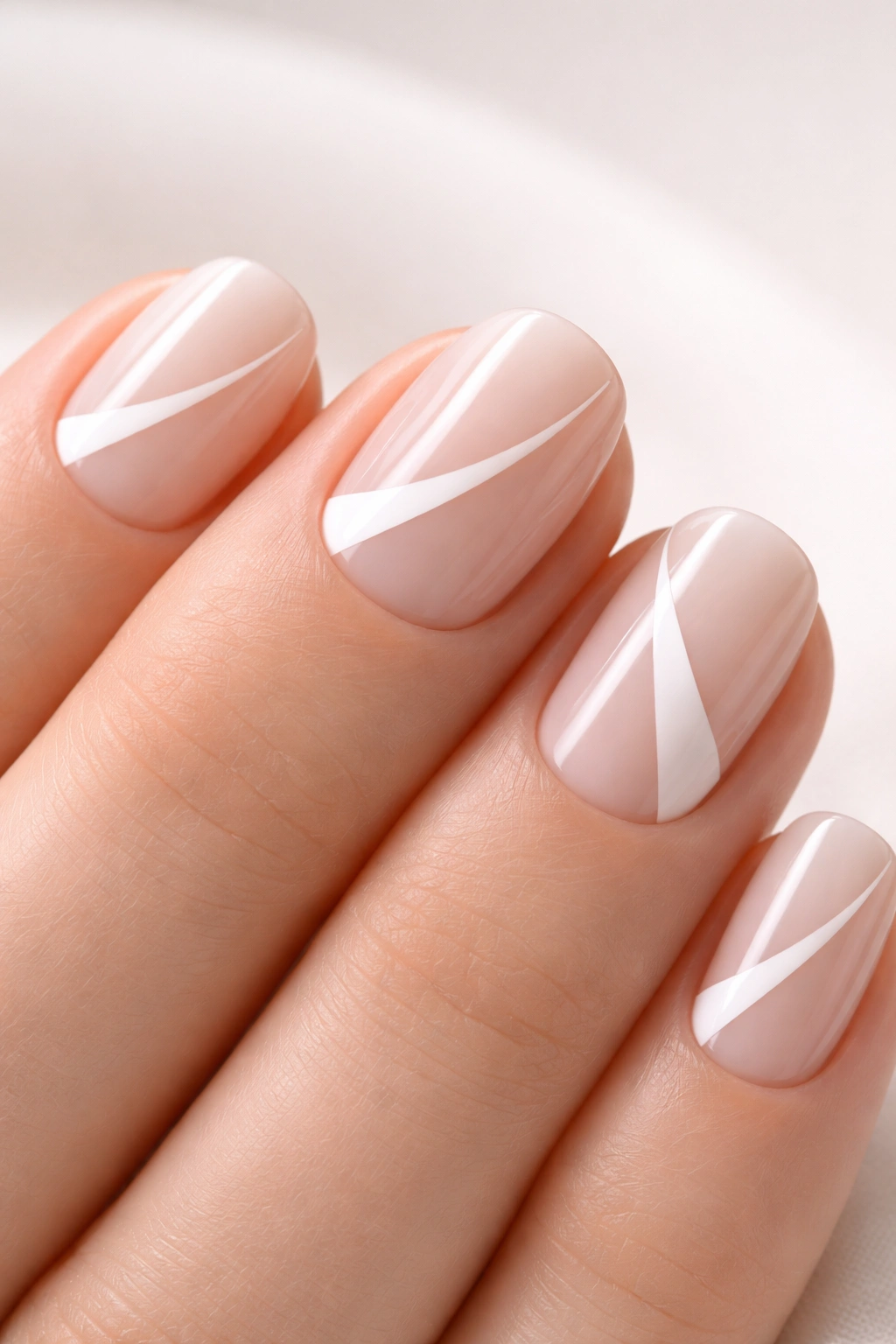 Close-up of a short nail with negative-space design