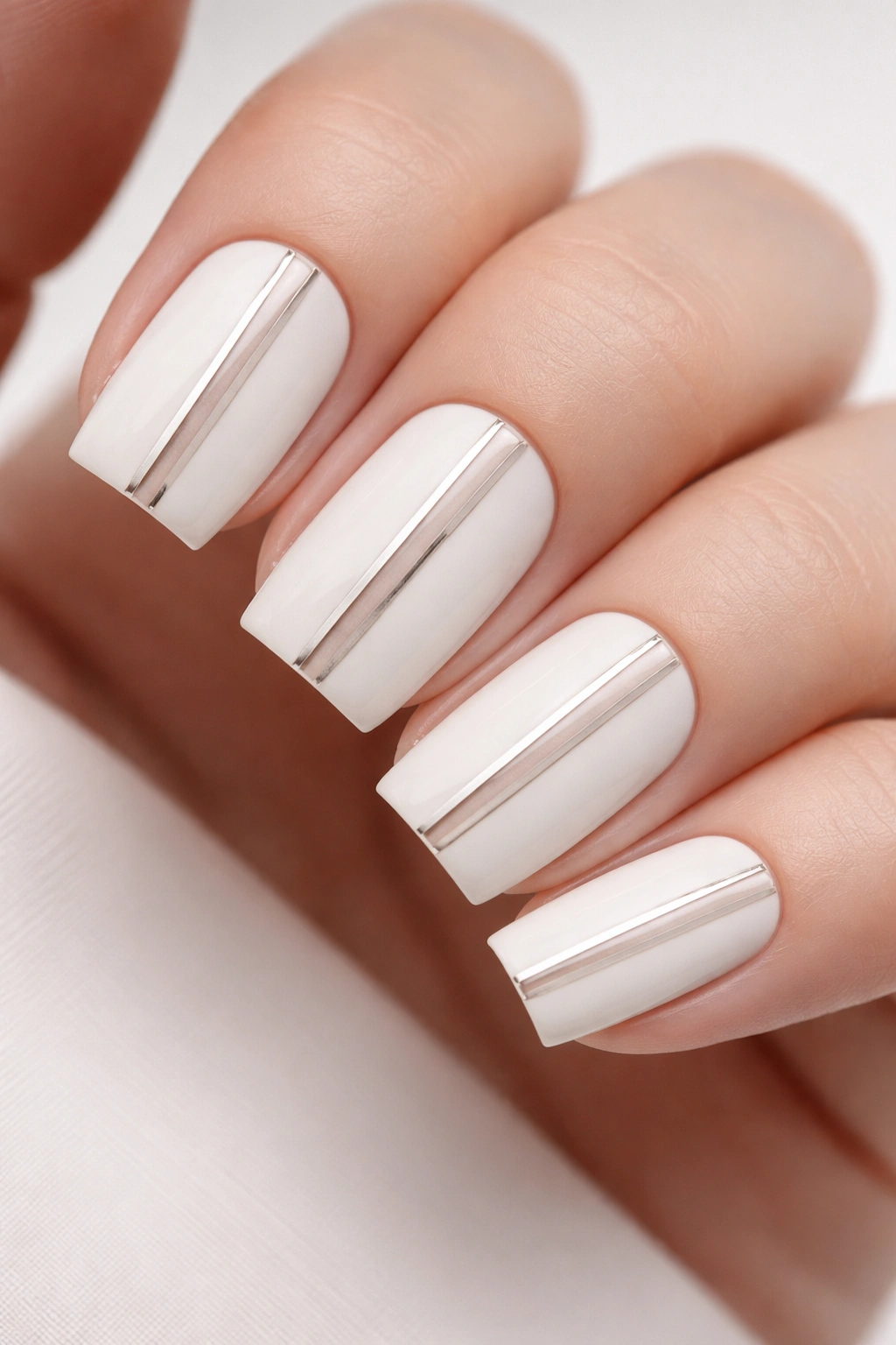 Close-up of nails with a geometric negative-space accent line