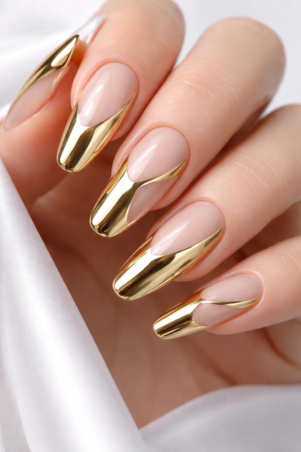 Long nails with gold chrome accents and negative space patterns