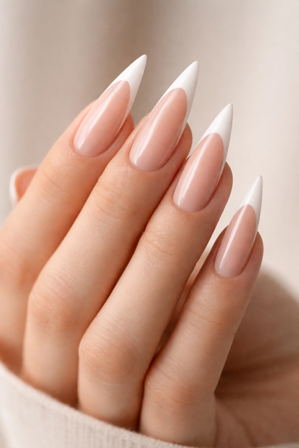 Close-up of minimalist negative-space French tips on stiletto nails