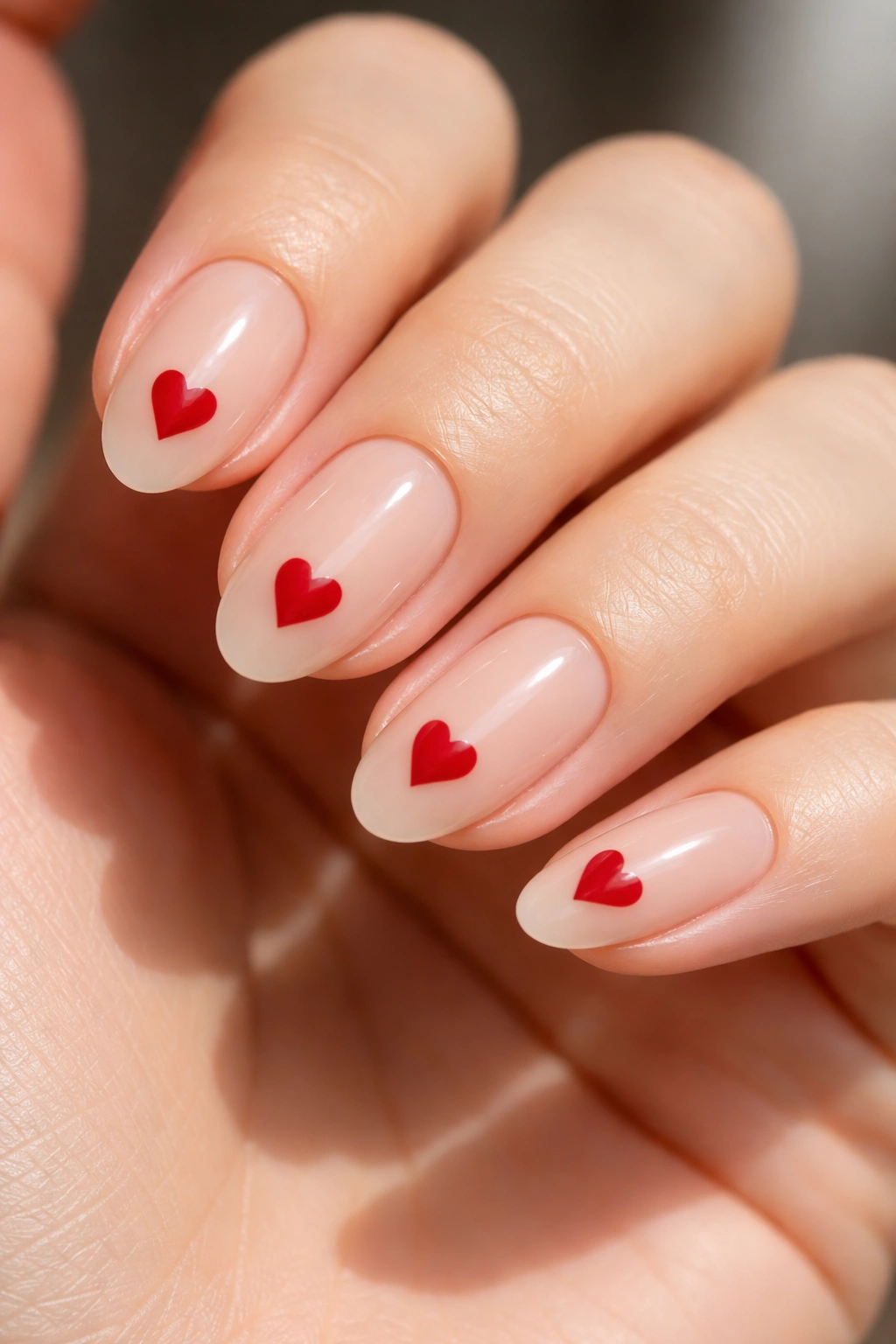 Close-up of short almond nails with cherry red hearts and negative space