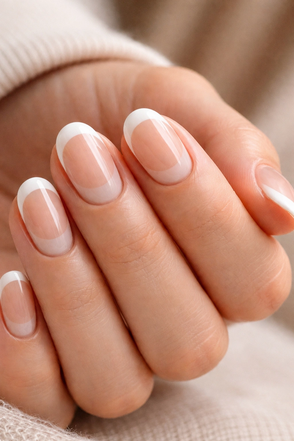 Negative space short oval nails with a slim white arc on a clear base