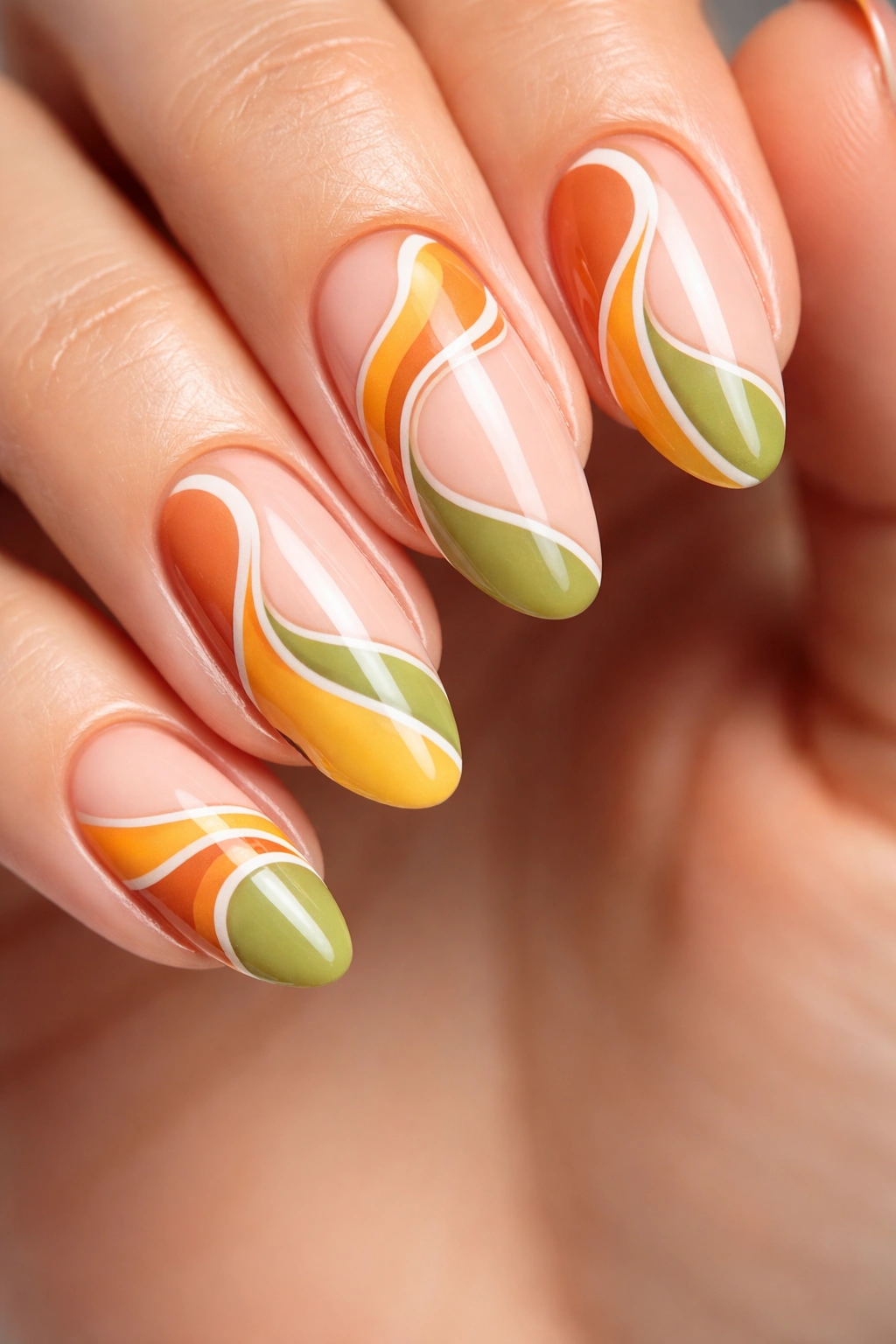Nude nails with negative space and retro swirl designs