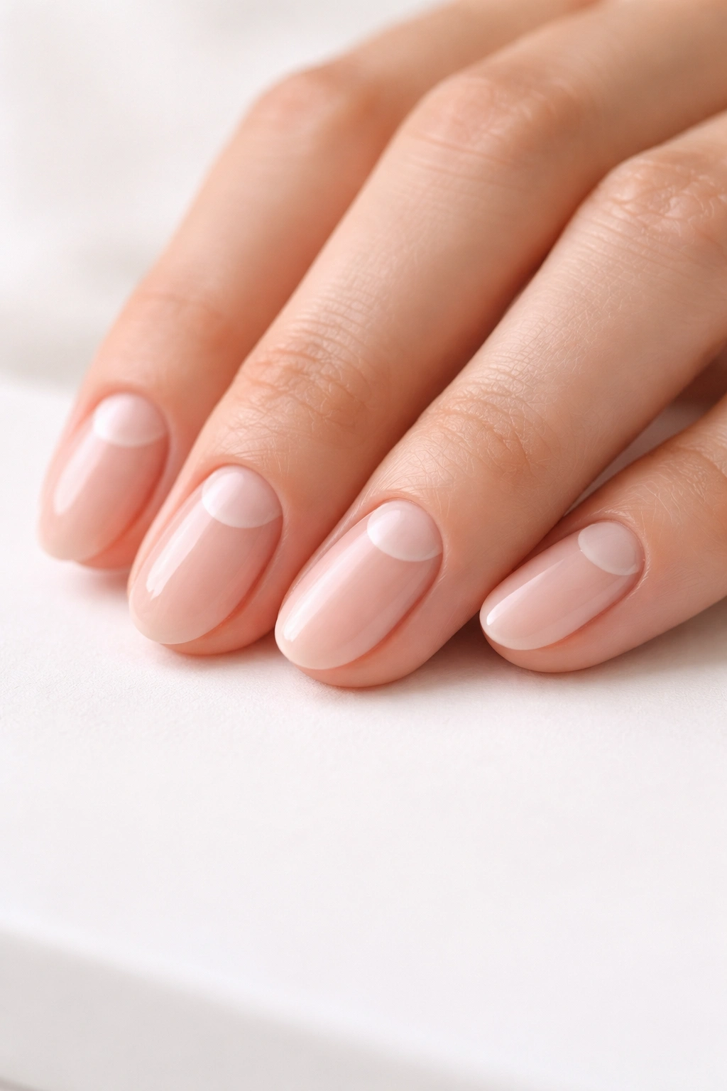 Close-up of negative space half-moon nails on short almond nails with nude base
