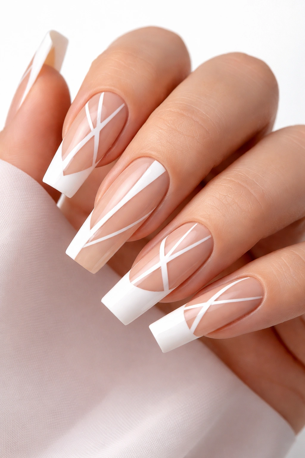 Long square almond hybrid nails with negative space geometric cutouts