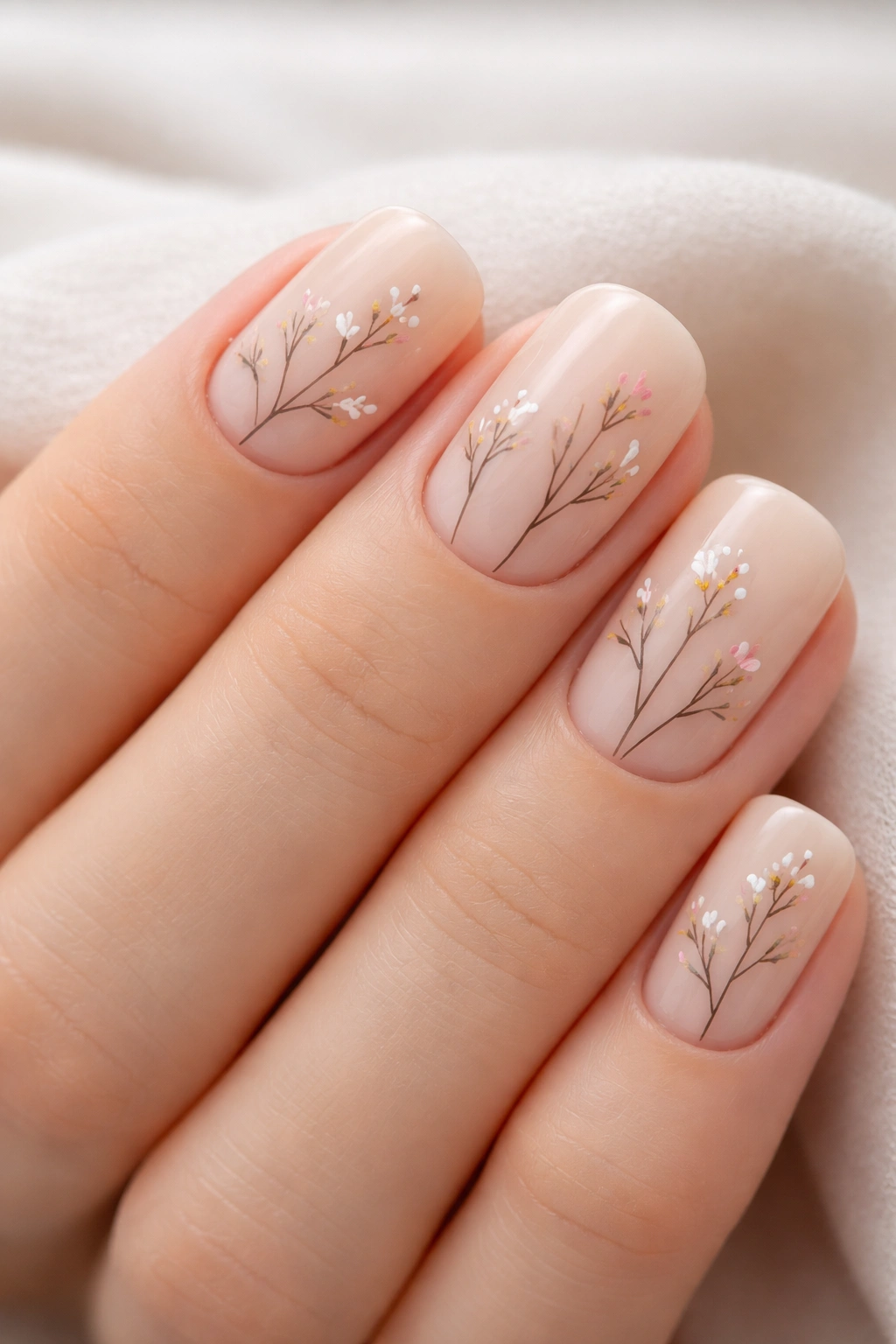Negative space nail art with botanical stems on nude base