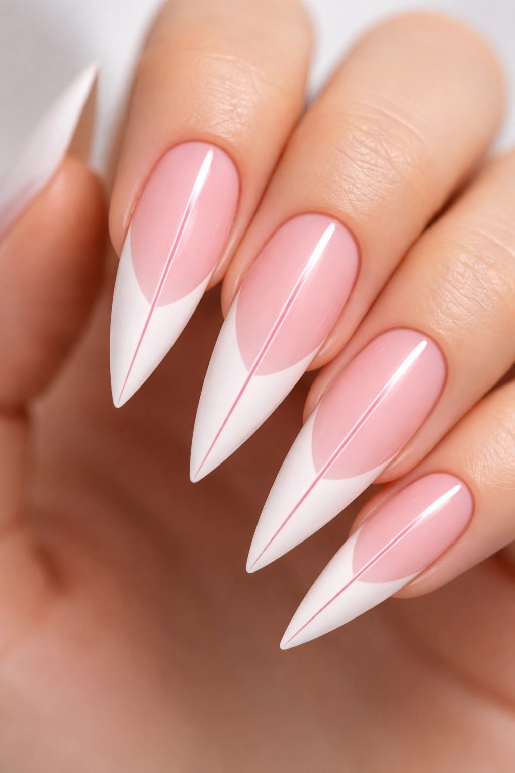 Nails with a precise thin center line dividing pink and white sections