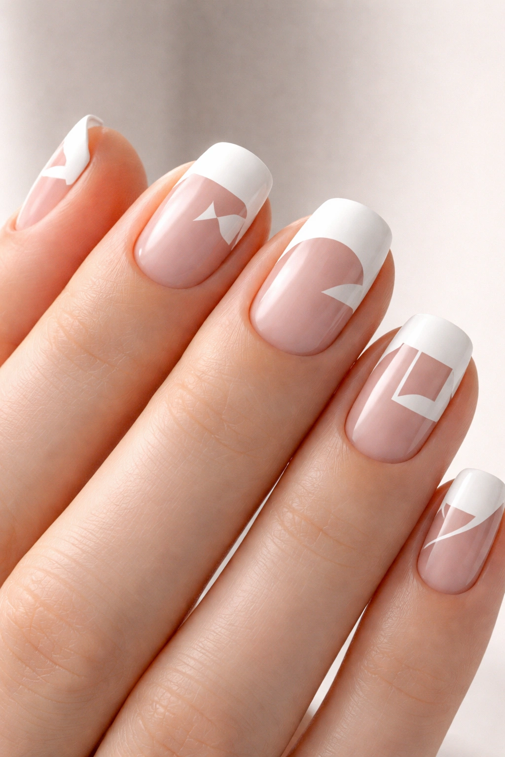 Close-up of short squoval nails with negative-space geometric cutouts on white French tips