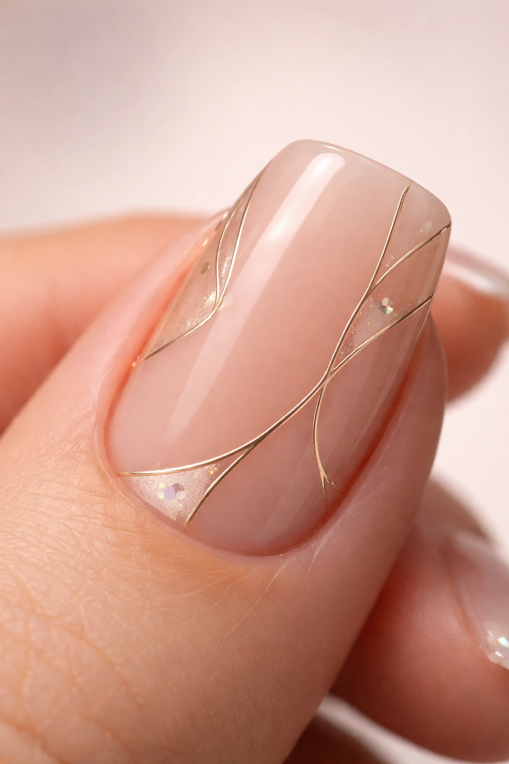 Close-up of a duck nail with negative-space design on nude base