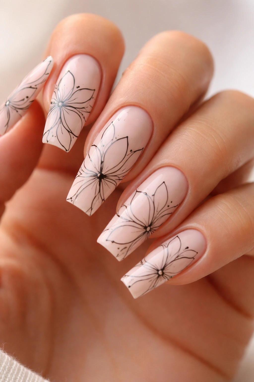 Close-up of five coffin nails with nude base and black negative-space floral outlines