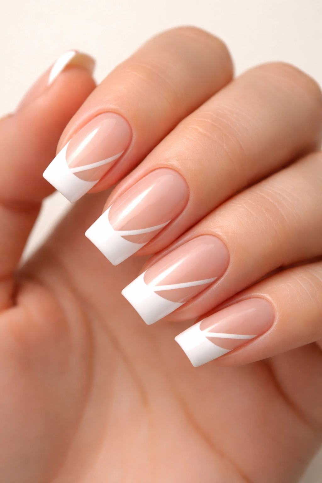 French tips with negative space design on soft square nails.