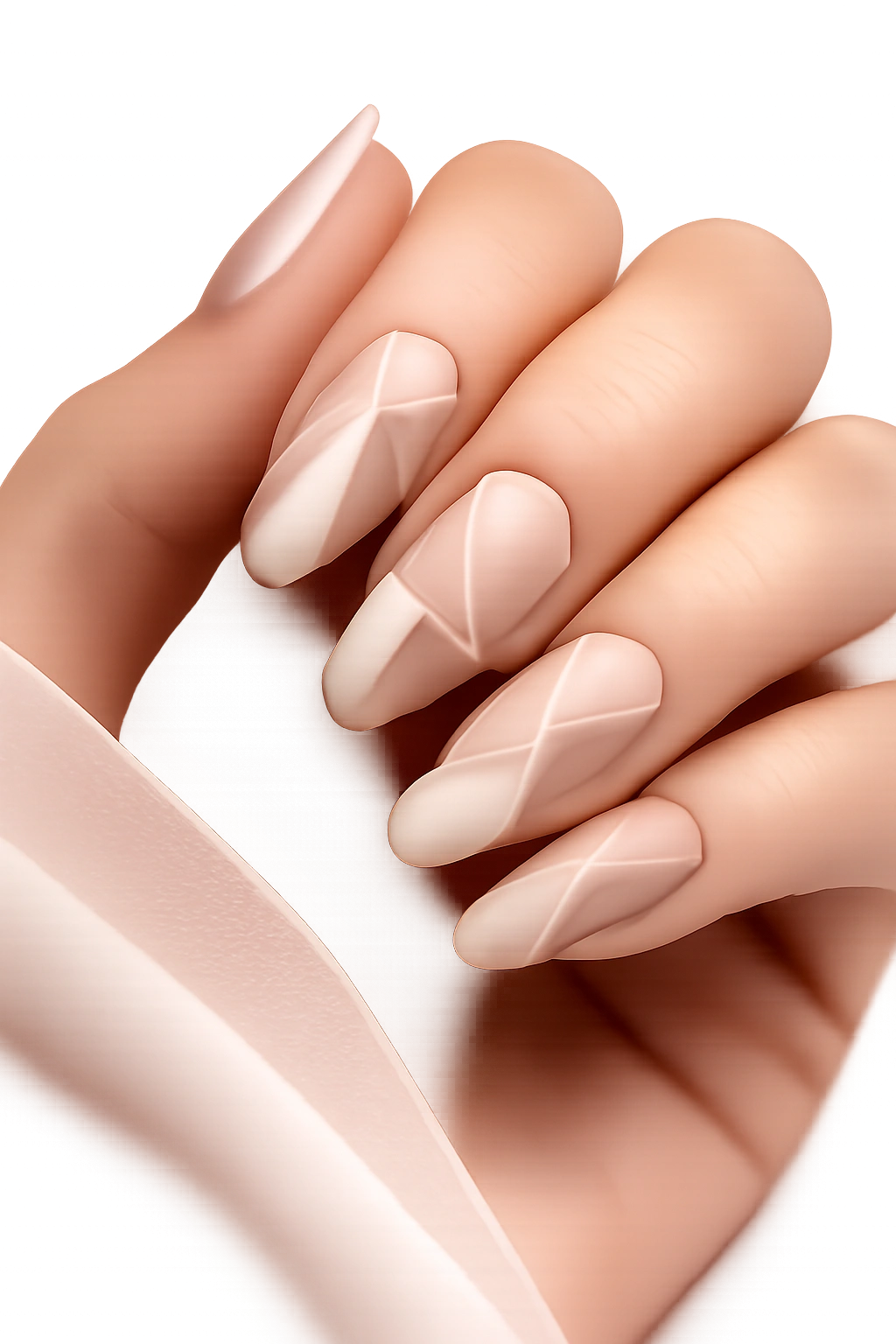 Close-up of long oval nails with negative-space geometric patterns on nude base.