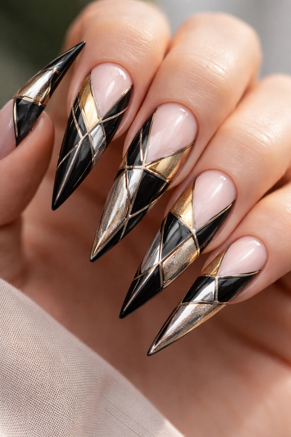 Close-up of nude stiletto nails with black and metallic geometric negative-space patterns