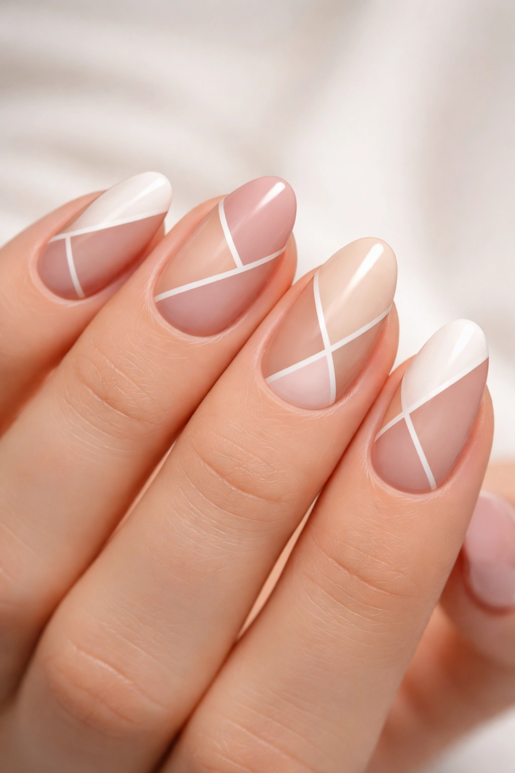 Close-up of short almond nails with negative-space geometric patterns.