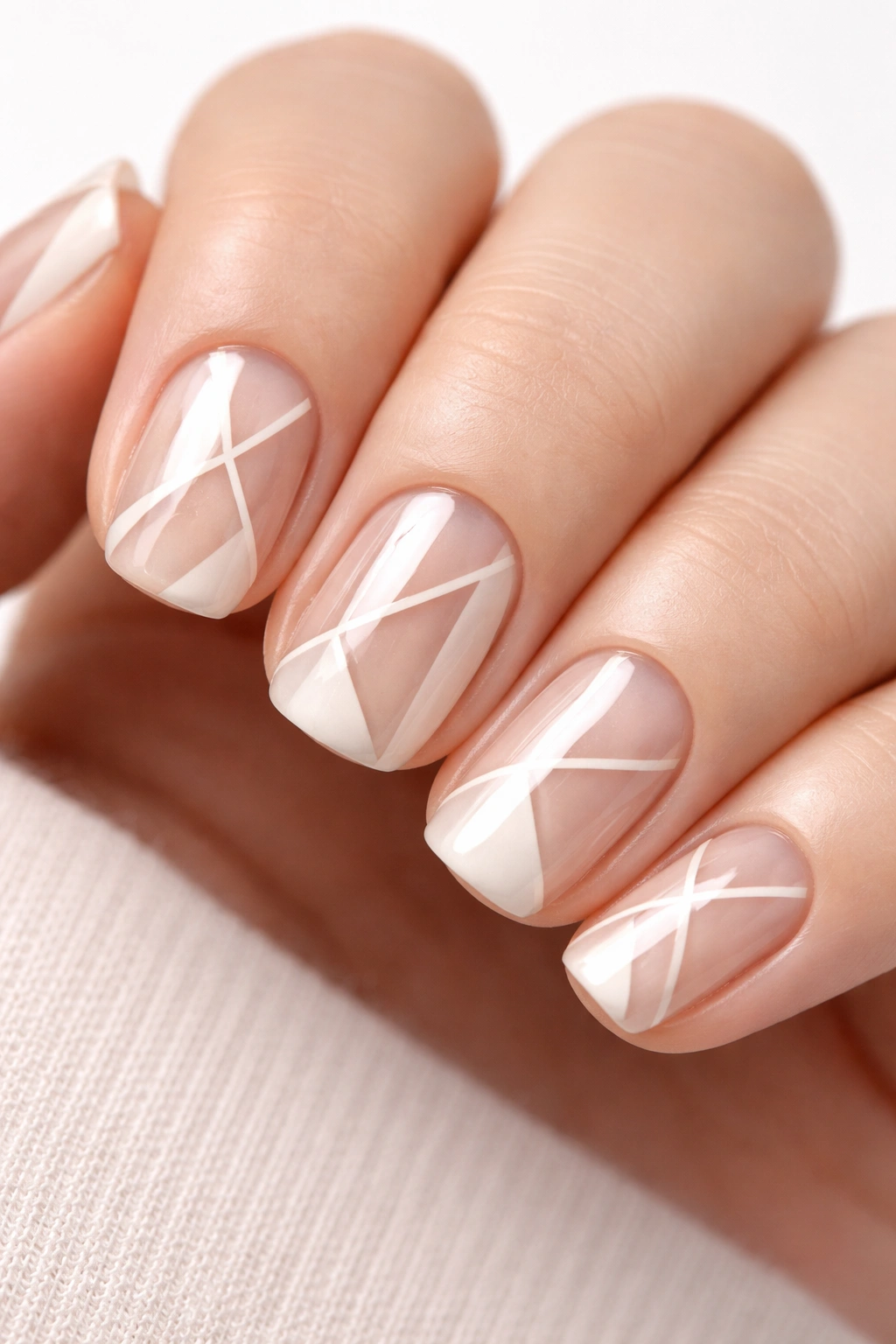 Close-up of short squoval nails with geometric negative space design