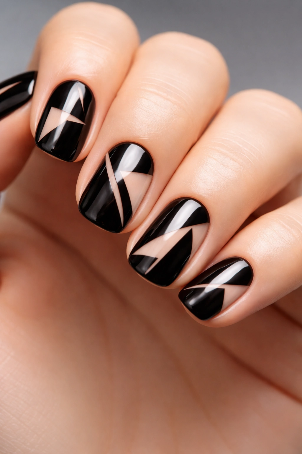 Close-up of short squoval nails with black and negative-space cutouts