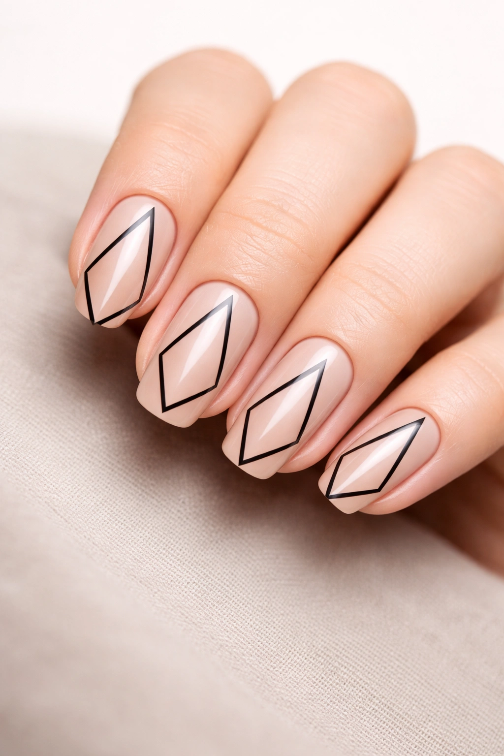 Nails with nude base and negative space geometric outlines in black.