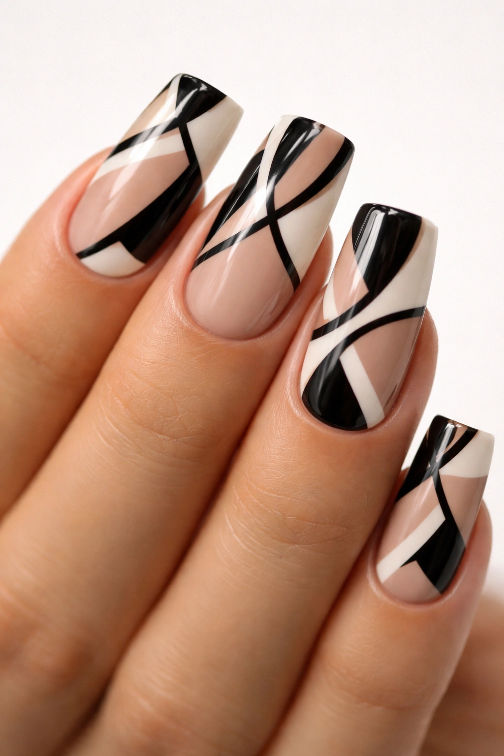 Duck nails with negative space geometric patterns