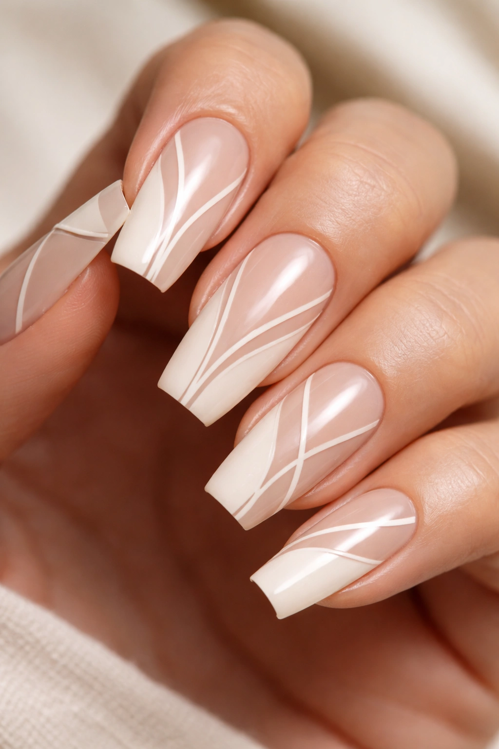 Close-up of curved coffin nails with negative-space geometric lines
