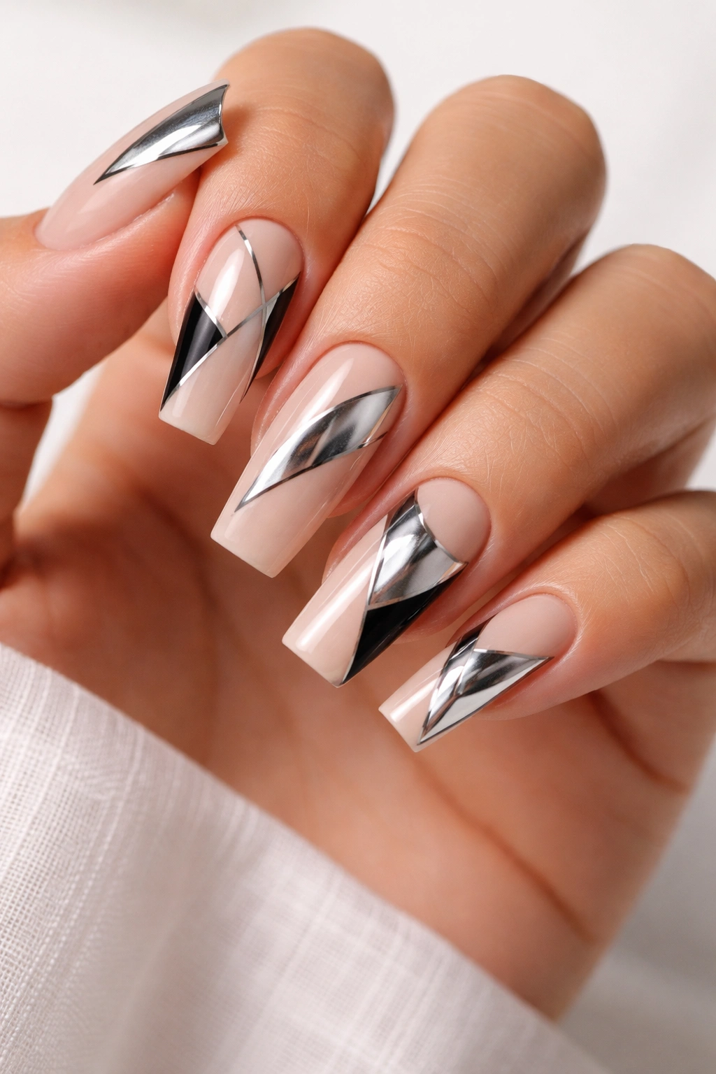 Coffin nails with geometric negative-space design on nude base