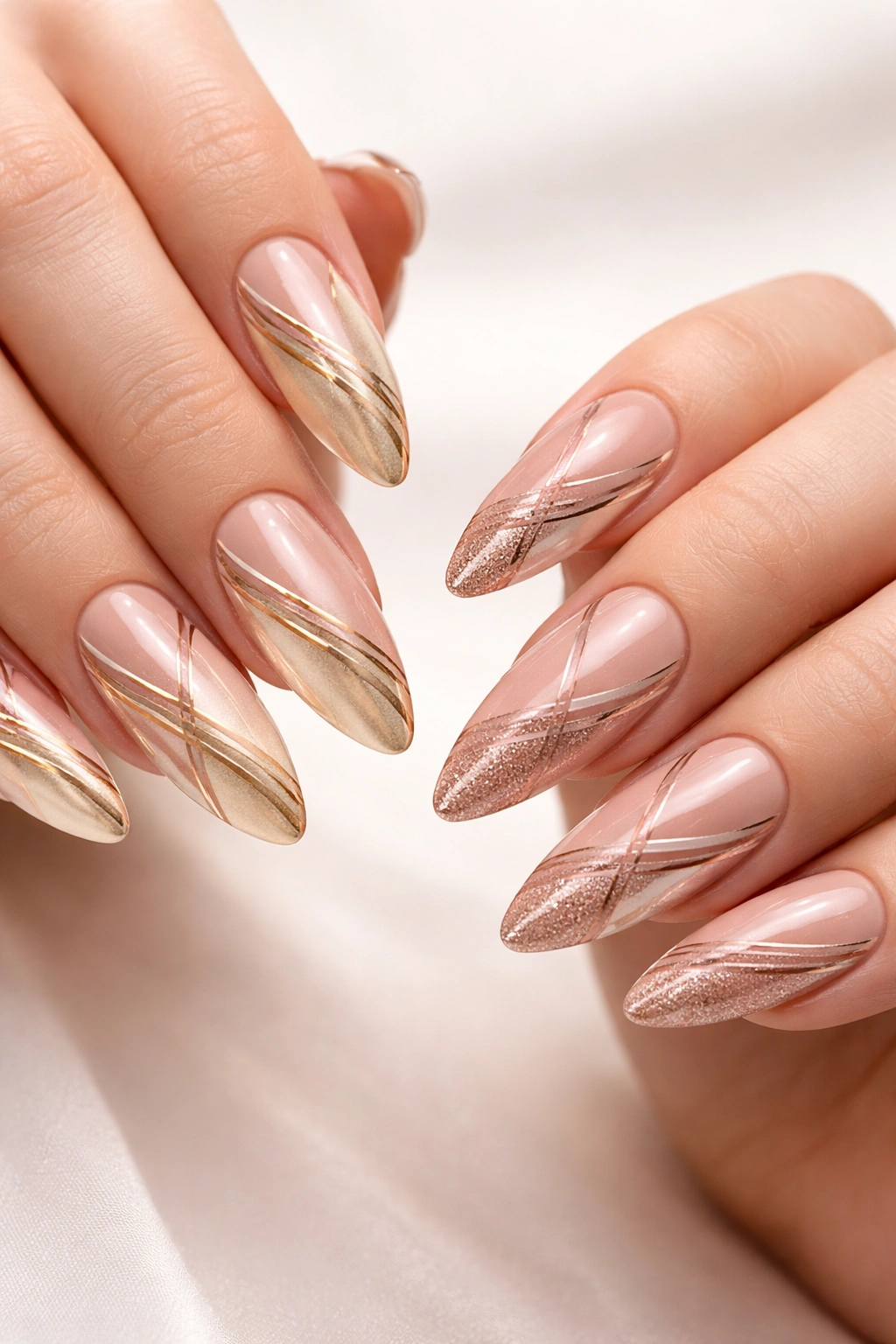 Long nails with geometric negative-space designs in gold and rose gold.