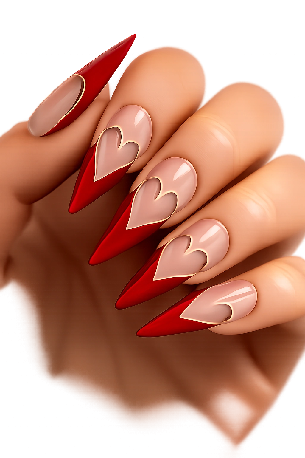 Close-up of negative-space heart design on stiletto nails with a bare heart shape