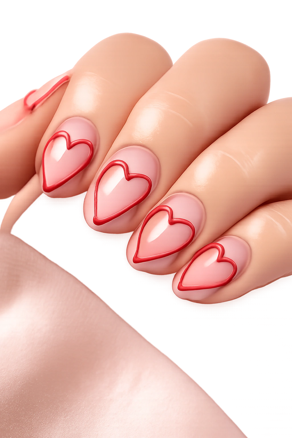 Nails with sheer pink base and red heart outlines showing negative space