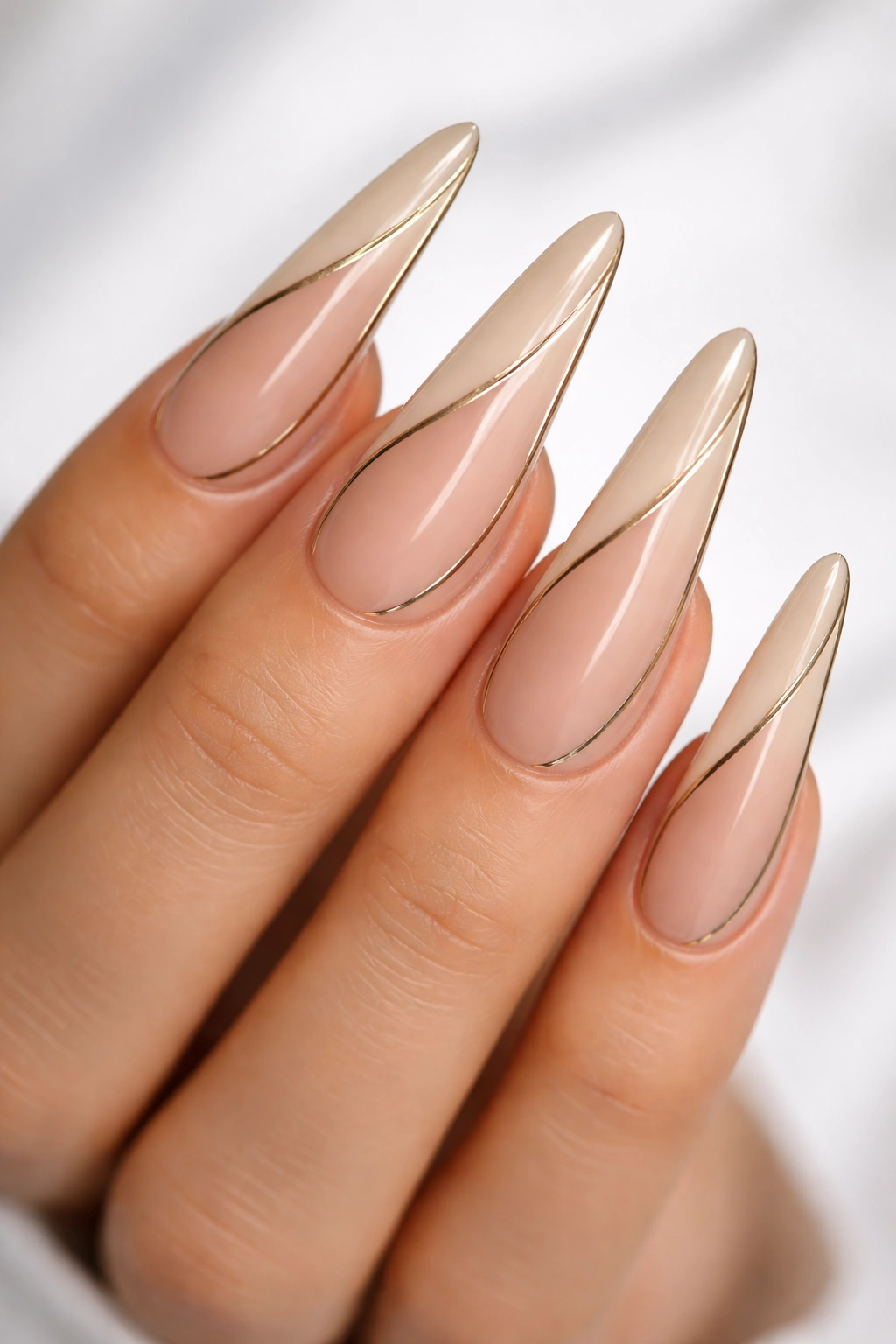 Close-up of coffin nails with side negative space and thin metallic lines