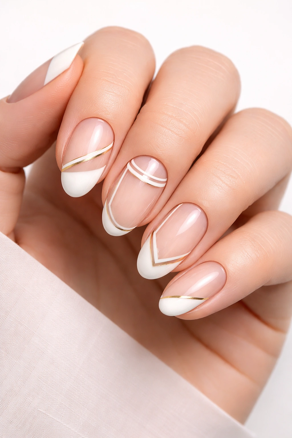 Close-up of negative space nails with geometric cutouts